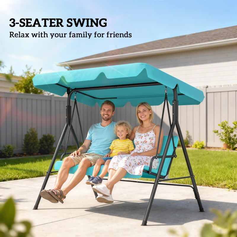 Outsunny Three-Seater Garden Swing Chair, with Adjustable Canopy - Teal