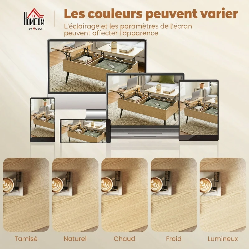 HOMCOM Table basse relevable avec double plateau, table de salon avec compartiment caché et pieds en métal, bois naturel
