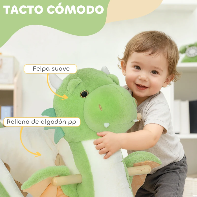 AIYAPLAY Caballito Balancín para Bebés de Peluche con Base de Madera con Sonido de Dragón para Niños 18-36 Meses Verde