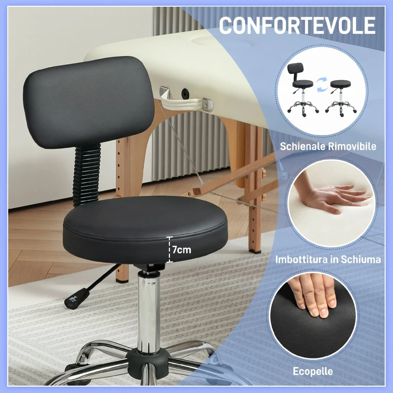 HOMCOM Sgabello Regolabile Girevole con Schienale e Seduta Imbottiti, Capacità 120 kg, 46x51x78-93 cm, Nero