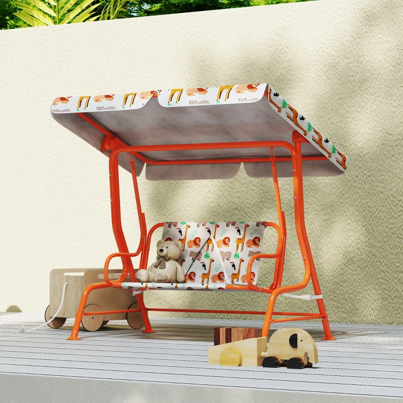 AIYAPLAY Kids Porch Swing, 2-Seater Patio Swing Bench Hammock with Seat Belts, Adjustable Canopy for Garden, Orange