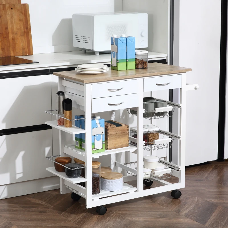 HOMCOM Carrello da Cucina con Ruote, Mobile da Cucina Salvaspazio in Legno Massiccio: 3 Cassetti, 3 Cestelli, 2 Portaspezie, 2 Ripiani, 92x37x82 cm