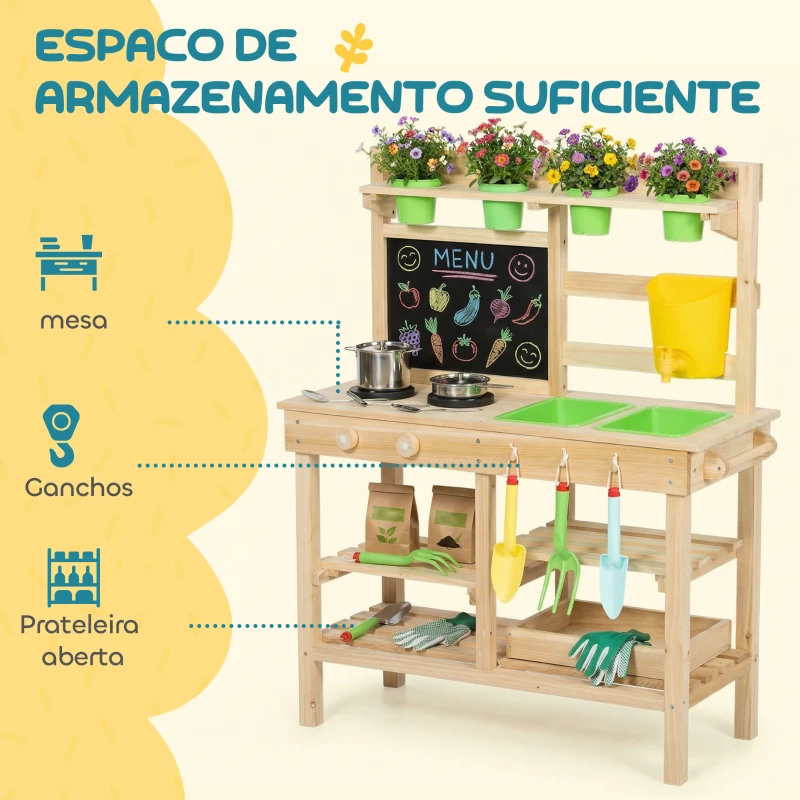 AIYAPLAY Cozinha de Brincar Exterior com Vasos Lavatório Torneira Utensílios de Aço Inoxidável e Quadro-Negro Madeira