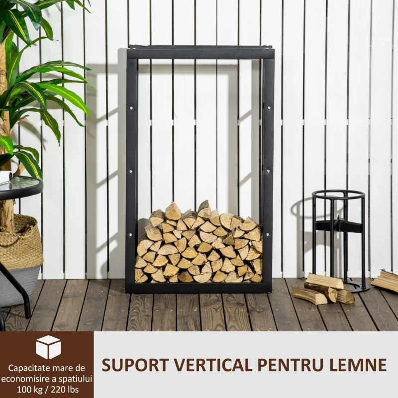 HOMCOM Suport Lemne pentru Interior și Exterior din Țevi de Fier, Capacitate 100 kg, 60x25x100 cm
