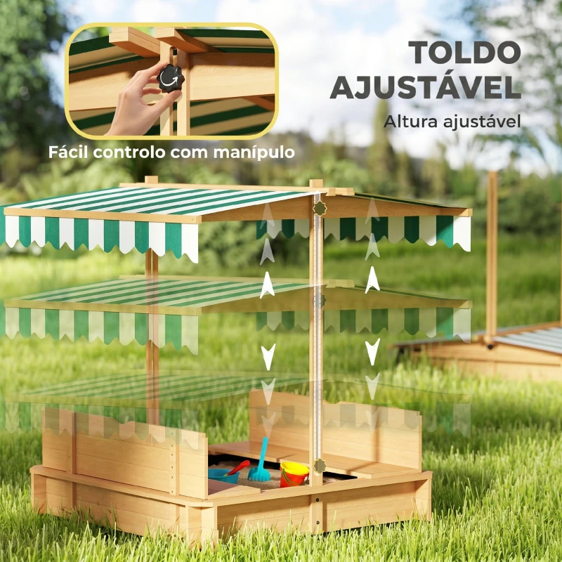 Outsunny Caixa de Areia para Crianças de Madeira com Toldo Ajustável em Altura 2 Bancos e Encostos para Jardim 106x106x121 cm Natural