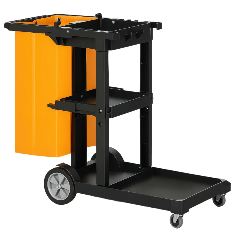 HOMCOM Cărucior de Curățenie cu 3 Rafturi, Cârlige și Sac de 100L, 121x50.5x96.5 cm, Negru, Galben și Gri
