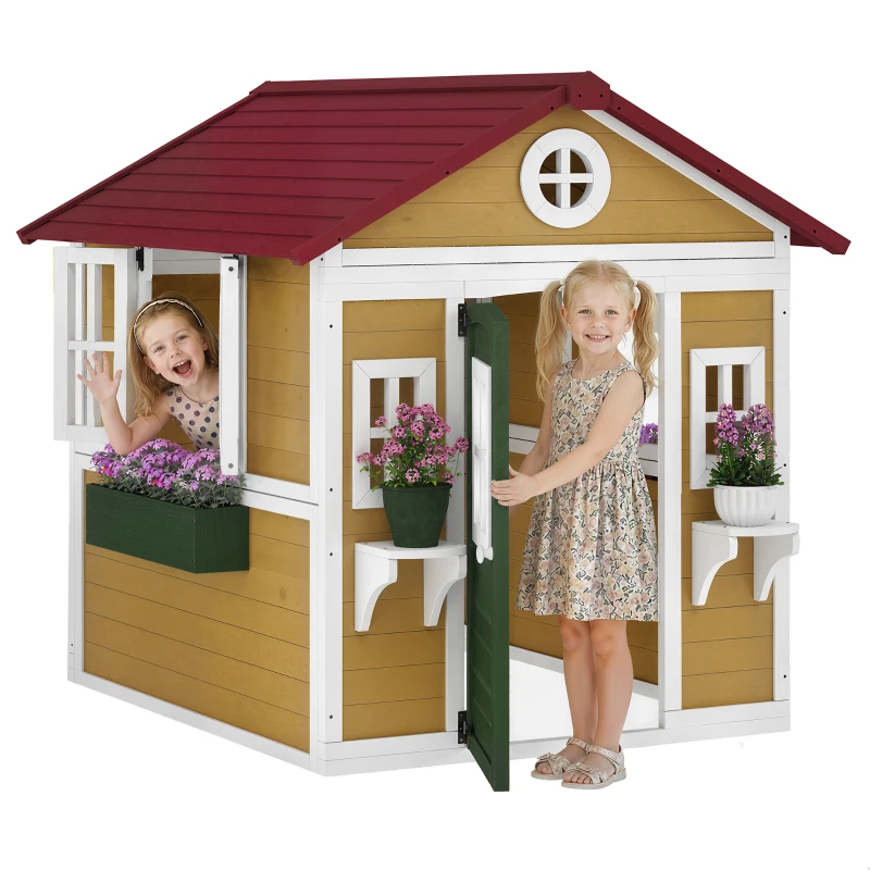 Outsunny Cabane enfant extérieur maison enfant extérieure avec porte fenêtres et jardinières 114 x 126,4 x 135 cm beige