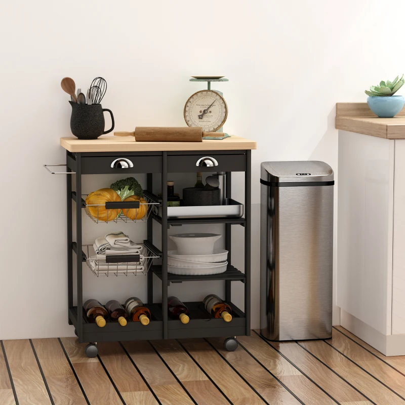 HOMCOM Carrello da Cucina Multiuso in Legno di Pino 74 x 37 x 75cm Nero
