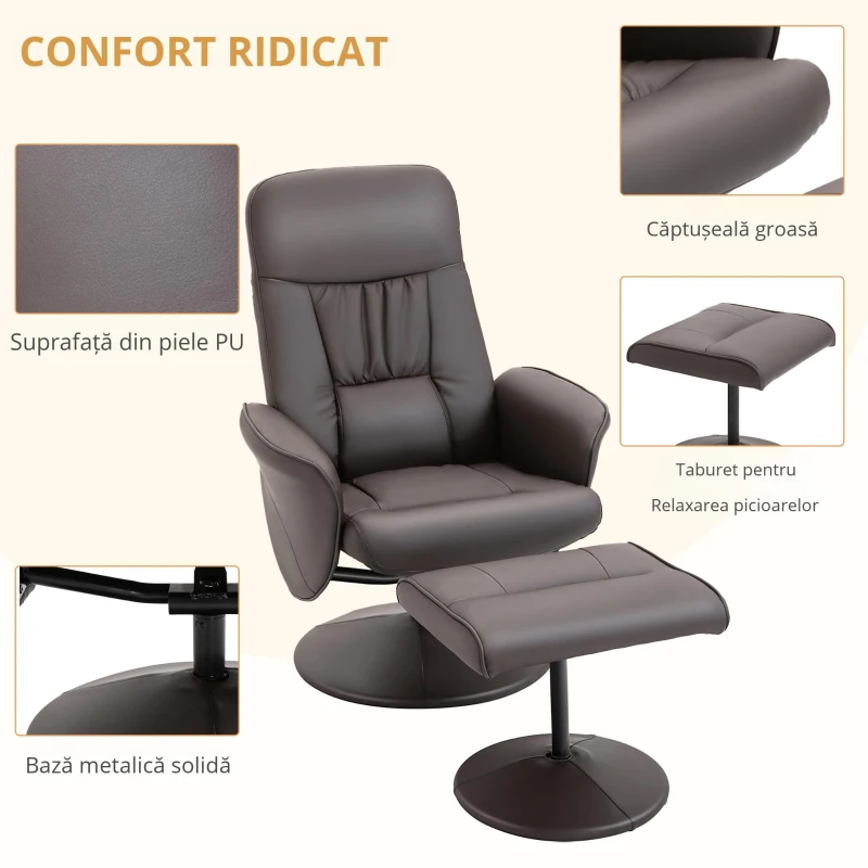 HOMCOM Set de 2 piese, fotoliu cu otomană, fotoliu relax cu otomană, reglabil pe înălțime, spătar înclinat, Maro