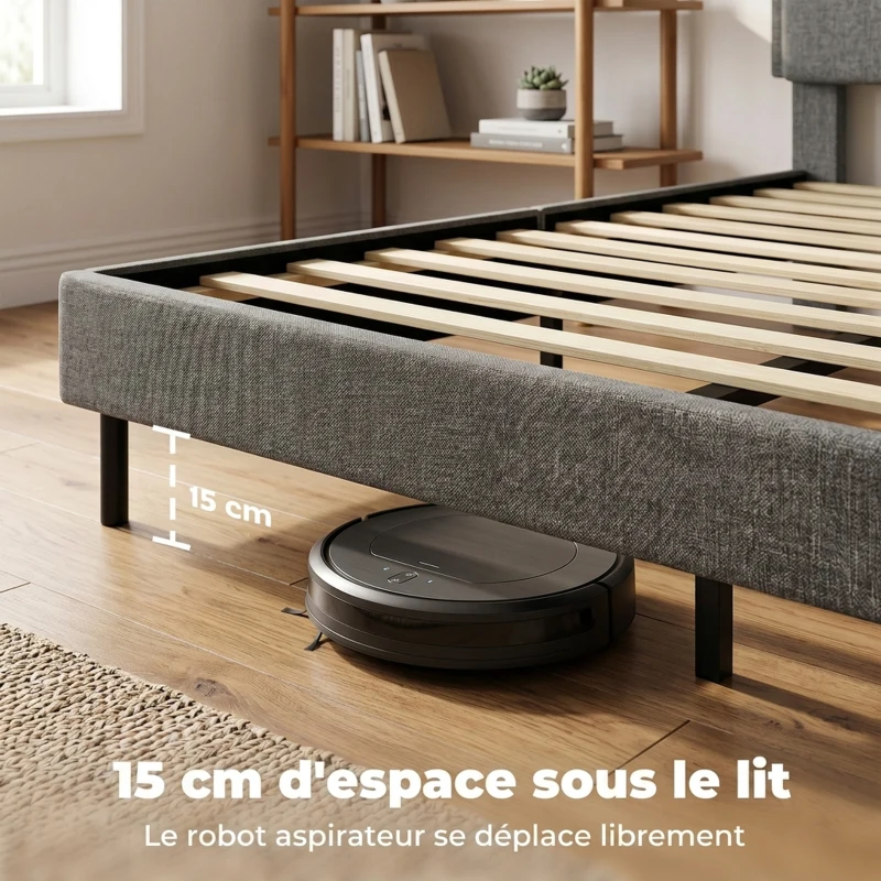 HOMCOM Cadre de Lit 140 x 190 cm avec Sommier et Tête Réglable, Lit Double Rembourré en Lin, Rangement au-dessous, Gris