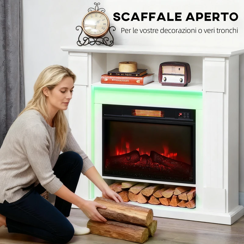 HOMCOM Camino Elettrico 1800W Regolabile con Fiamma 3D, Ripiano, Timer e Telecomando, 105x27x97 cm, Bianco