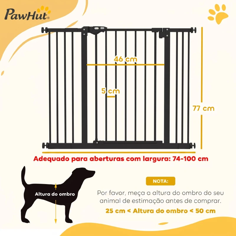 PawHut Barreira de Segurança para Cães 74-100 cm com Extensões, Montagem por Pressão e Duplo Bloqueio, Preto