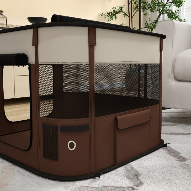 PawHut Box per Animali con 6 Finestre, 3 Porte e 2 Borse Portaoggetti, Poliestere e Acciaio, 74x60x45 cm, Marrone