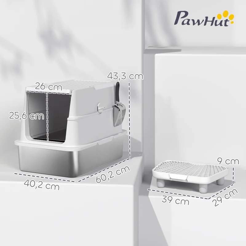 PawHut Katzentoilette, Edelstahl, XL-Innenraum, mit Schaufel, Hellgrau