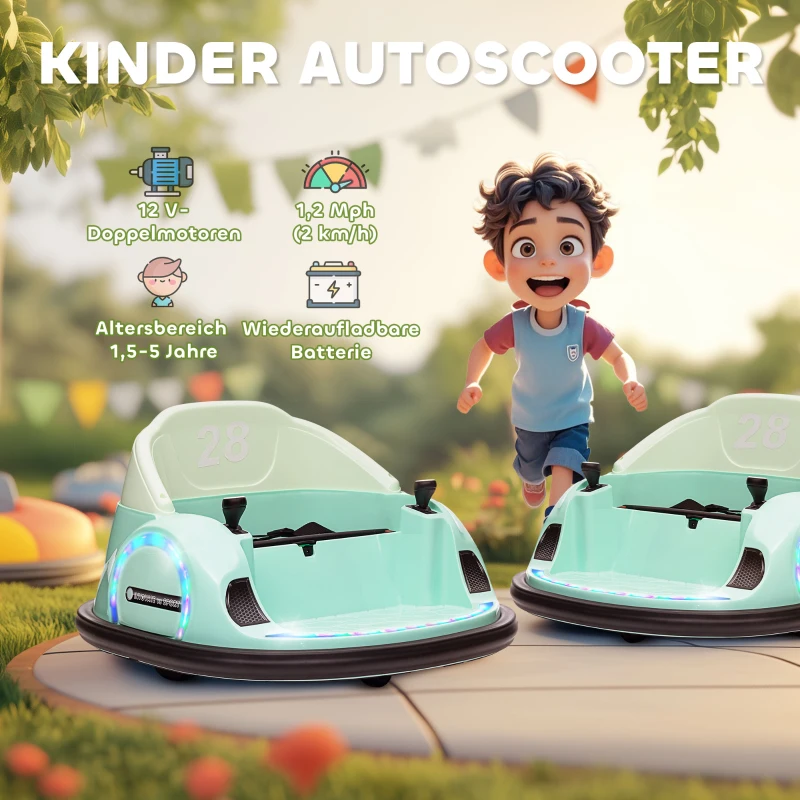 AIYAPLAY Autoscooter met 360° Rotatie, 2 km/u Snelheid, Veiligheidsgordel, LED-Licht, Muziek en Claxon, Groen(m-8)