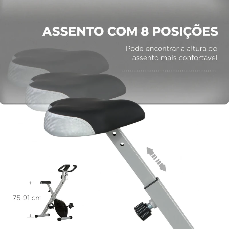 SPORTNOW Bicicleta Estática Dobrável Silenciosa com 8 Níveis de Resistência, Monitor LCD, Assento Ajustável e Rodas, Cinzento