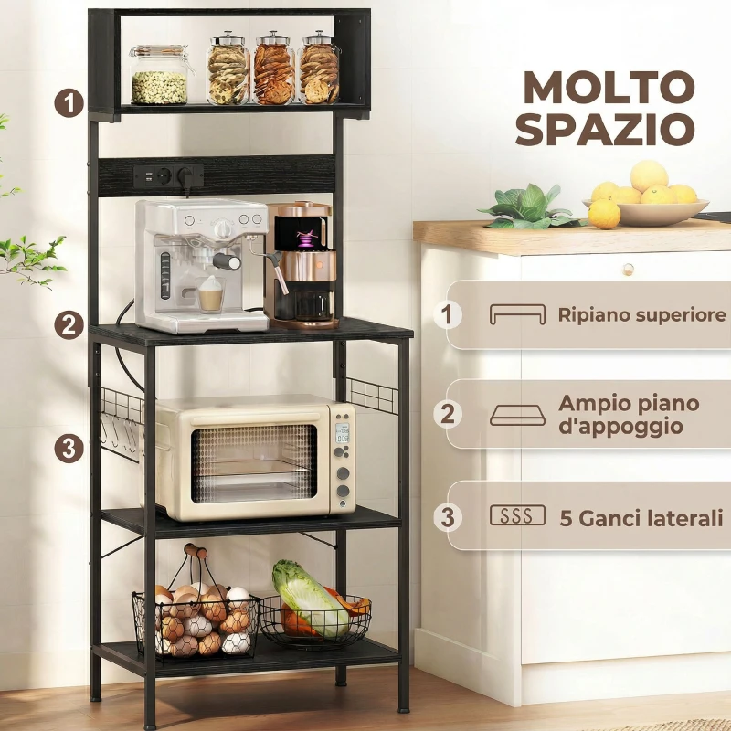 HOMCOM Scaffale da Cucina con Multipresa per Microonde con Ripiani e Ganci Stile Industriale, Legno e Acciaio, Nero