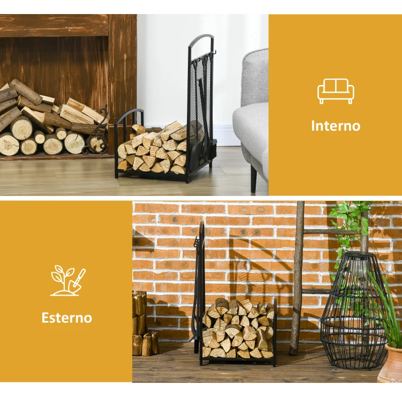 HOMCOM Portalegna da Interno ed Esterno in Metallo con Ganci e 4 Attrezzi Inclusi, 39x39x68cm, Nero