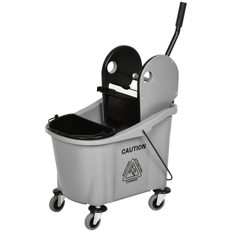 HOMCOM Balde de Esfregona Comercial com Espremedor de Pressão para Baixo Capacidade 36L com 4 Rodas 2 Cubetas 54x41x91,5 cm Cinza
