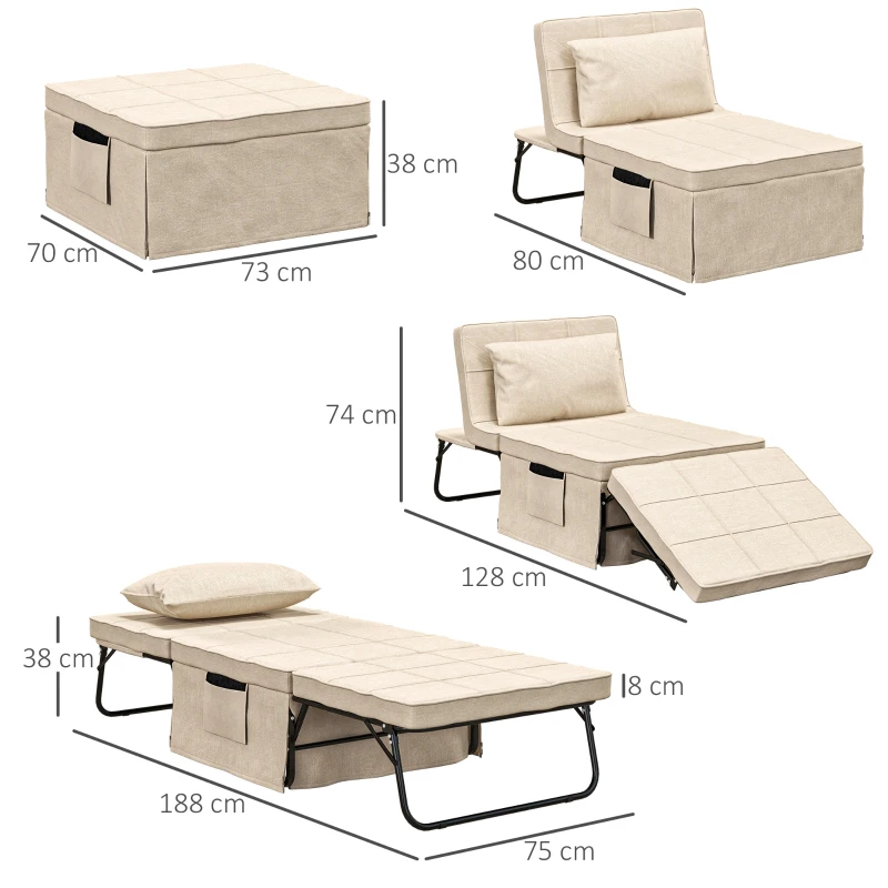 HOMCOM Sofá Cama 4 em 1  Estofado em Linho com Encosto Ajustável em 5 Níveis e Almofada Acolchoada  75x80x74 cm Creme