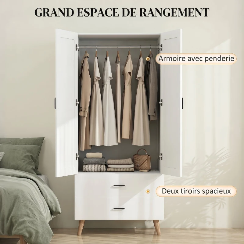 HOMCOM Armoire chambre penderie 2 portes à fermeture douce, 2 tiroirs et barre de suspension, 80x54x180cm, blanc