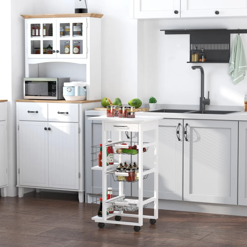 HOMCOM Carrello Isola da Cucina Salvaspazio in Legno di Pino, Carrello Portavivande con 4 Ruote Cassetto 3 Cesti Estraibili Portafrutta, Bianco