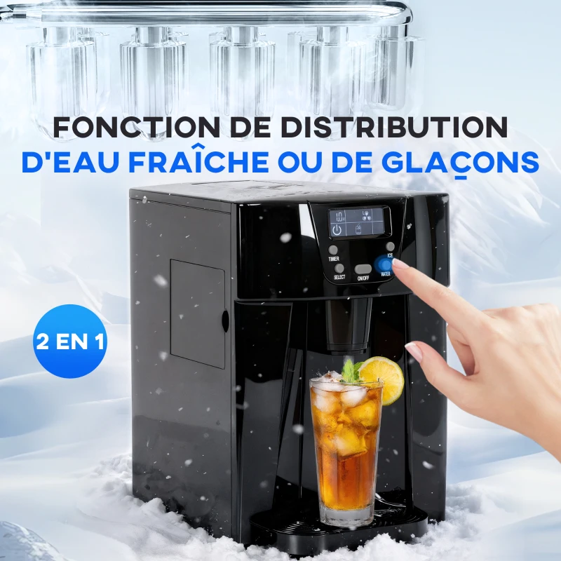 HOMCOM Machine à glaçons avec distributeur d'eau, ice maker, 12kg en 24h, 9 glaçons en 6-10 minutes, 25,2x38,9x36,3cm, noir