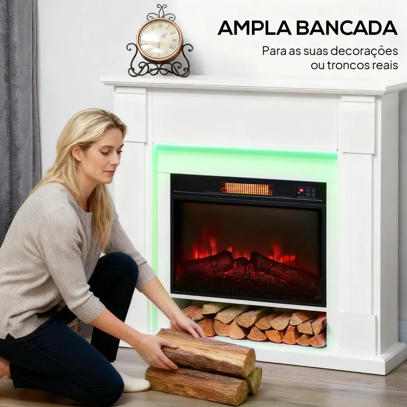 HOMCOM Lareira Elétrica com Efeito de Chama 3D e Tira de Luz LED RGB 1800W Temporizador  para 30 m² 105x27x97 cm Branca