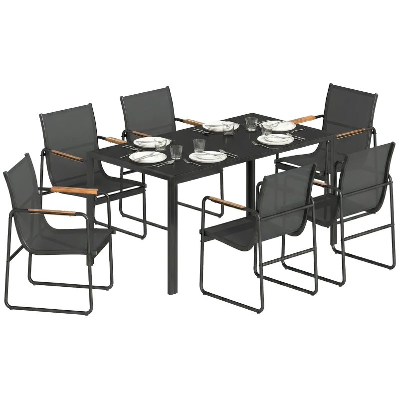 Outsunny Ensemble de Salle à Manger d'Extérieur 7 Pièces pour 6 Personnes, Table en Verre et Chaises avec Accoudoirs Décoratifs, Maille Résistante aux Intempéries, Noir