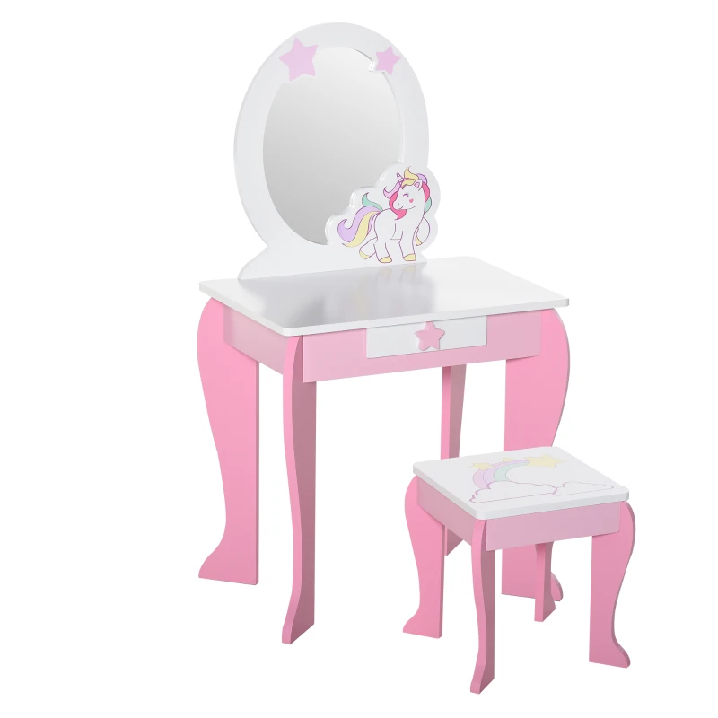 HOMCOM Coiffeuse Enfant Design Licorne - Tabouret Inclus - dim. 49L x 34l x 90H cm - tiroir, Miroir - MDF - Rose Blanc