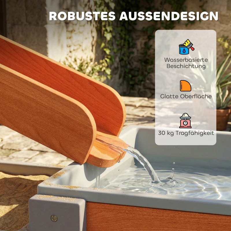 AIYAPLAY Sand Wasserspieltisch, Holz Wassertisch, Matschtisch mit Wasserbahn, 2 Becken Sandkastentisch für 3-8 Jahre Kinder Grau