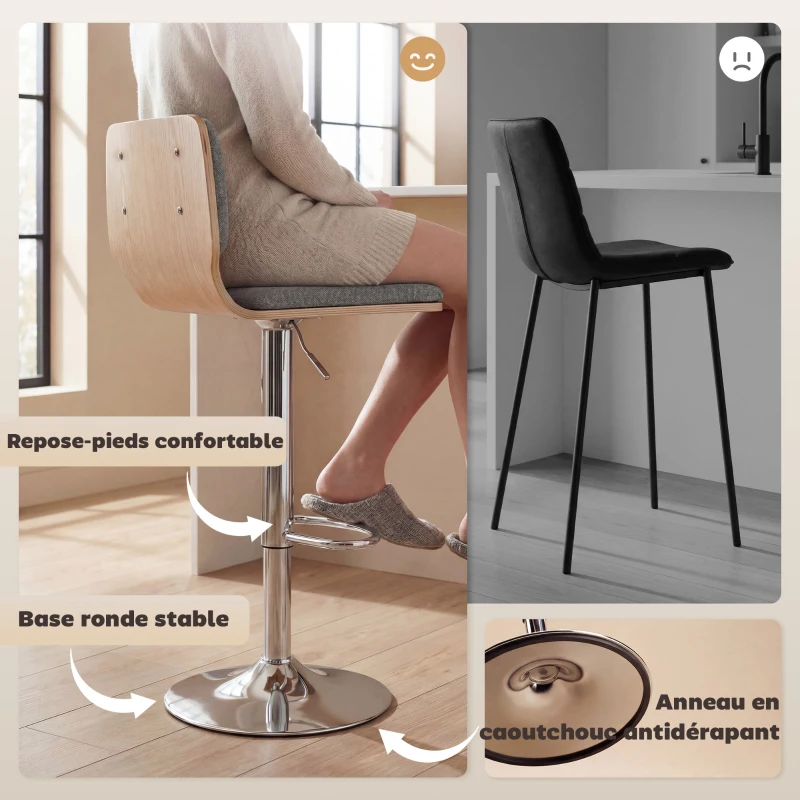 HOMCOM Lot de 2 tabourets de bar chaises de bar réglable en hauteur dossier repose-pieds pivotant 360° 41x47,5x81-102cm gris