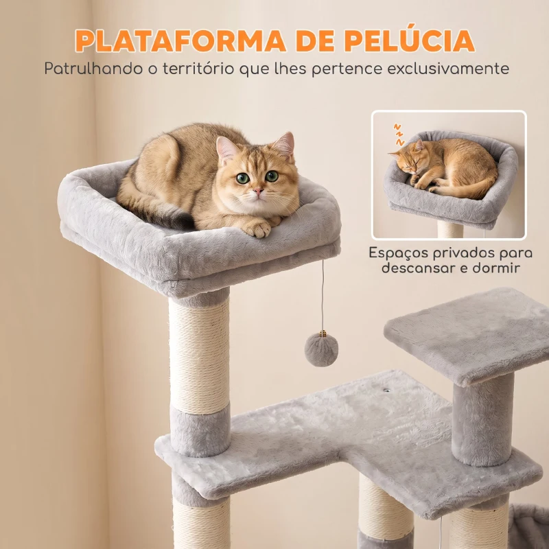PawHut Árvore Arranhadora para Gatos 152 cm Multinível com Casinha Rede Cama Escada Arranhadora 4 Postes de Sisal e Bolas Cinza Claro
