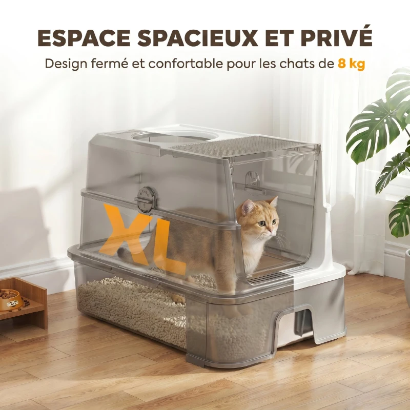PawHut Bac à Litière pour Chat en Inox, Tiroir Coulissant, Couvercle Amovible, Pelle, Sacs Filtrants，Pédale, 60x40x45cm, Gris