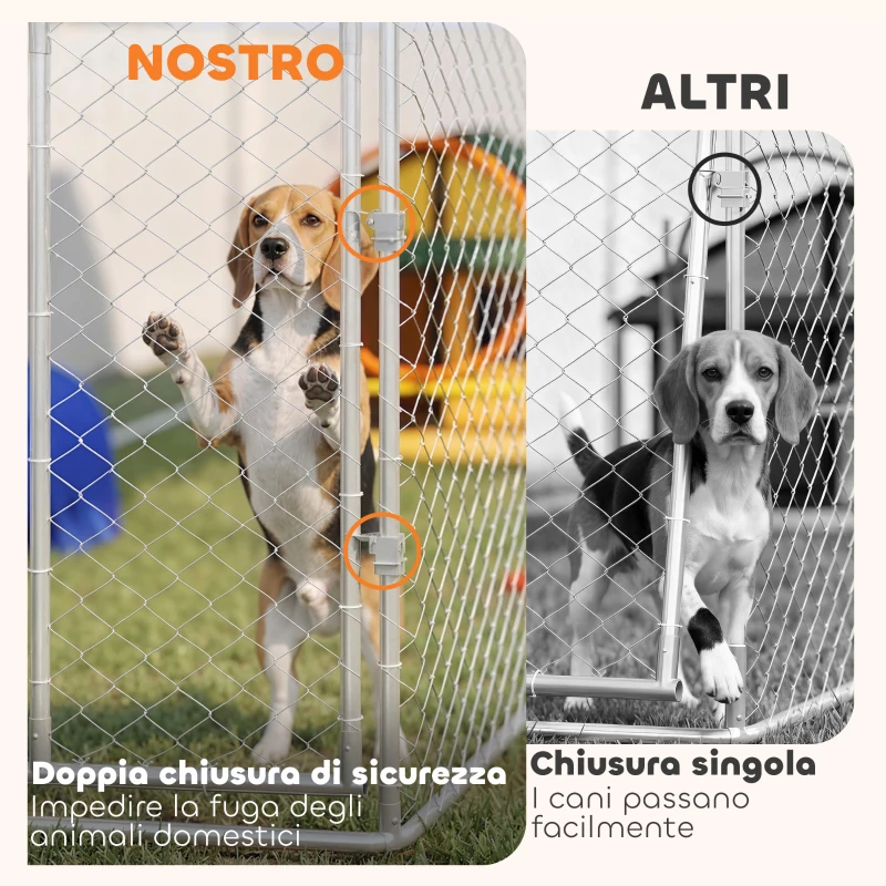 PawHut Recinto per Cani da Esterno in Acciaio Zincata con Tetto in PE, Anti-UV, Impermeabile, Doppia Chiusura, Argento