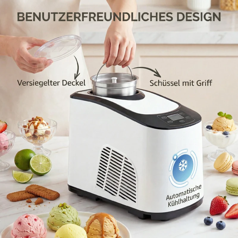 HOMCOM Eismaschine ohne Vorfrieren mit eingebautem Kompressor, 1,5L, Weiß