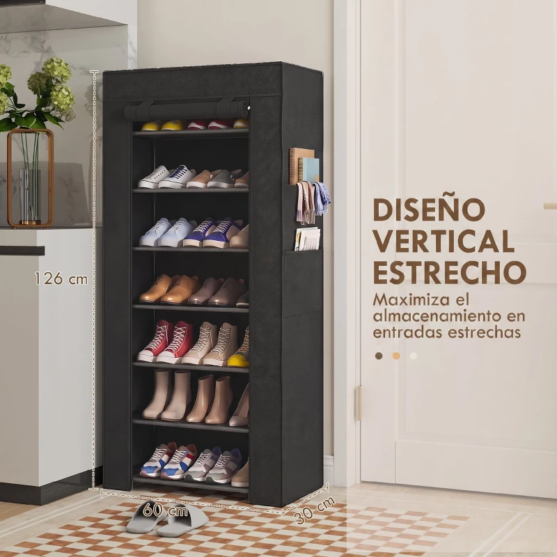 HOMCOM Zapatero de 7 Niveles, Zapatero Estrecho de Acero con Funda de Tela no Tejida 2 Bolsillos para 14-21 Pares Negro