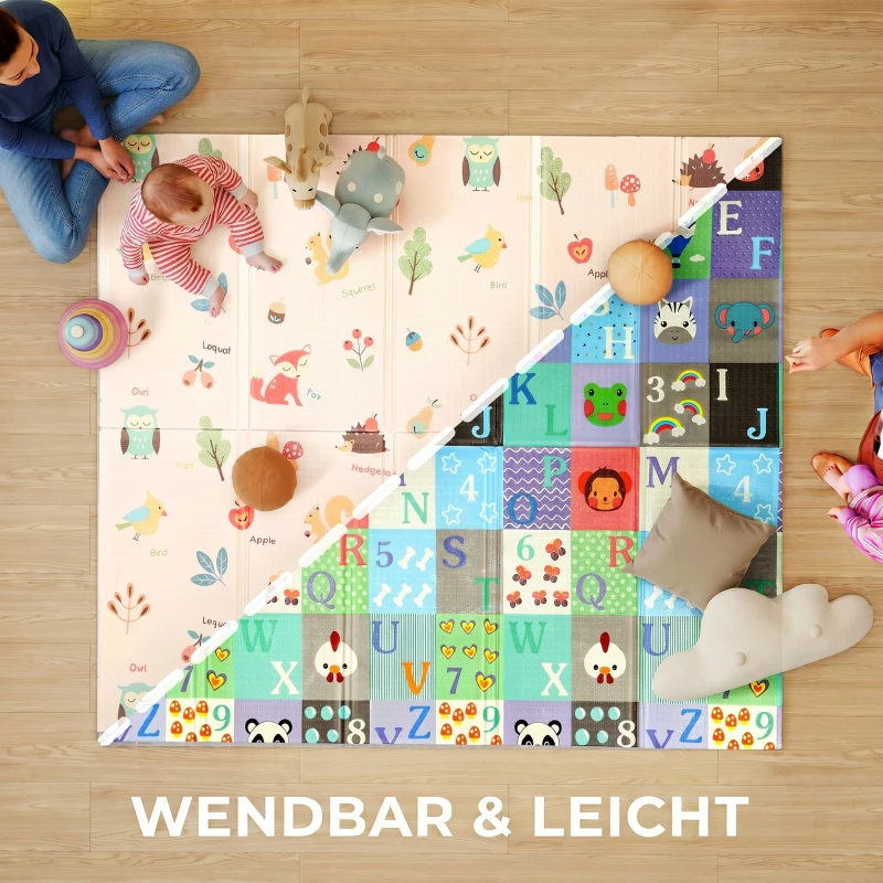 AIYAPLAY Spielmatte Baby Faltbar Kinder 176,5 x 148 cm Doppelseitige Krabbelmatte mit Alphabet- und Tiermotiv-Muster