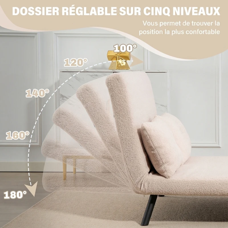 HOMCOM Canapé convertible 2 places 4 en 1, canapé-lit avec dossier réglable sur 5 niveaux, 2 coussins, 102 x 73 x 81 cm, beige