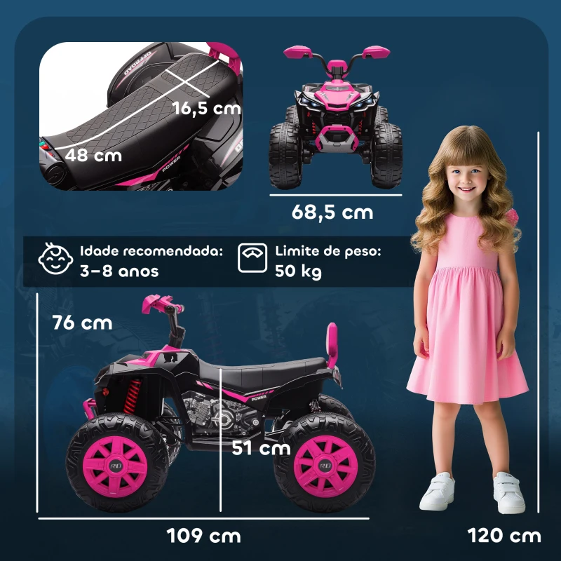 AIYAPLAY Quadricilo Elétrico para Crianças 24V com 2 Lugares 2 Motores Velocidade até 6,5 km/h Faróis Buzina Música e USB 109x68,5x76 cm Rosa