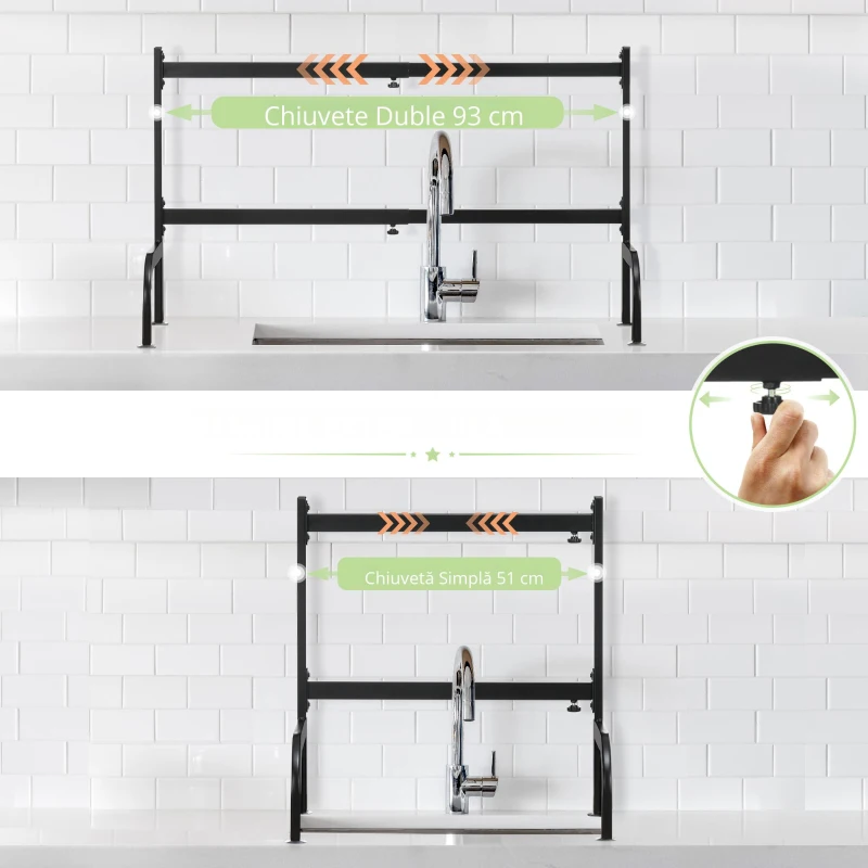 HOMCOM Suport pentru vase, ajustabil în lungime 51-93 cm, multe elemente, aranjament flexibil, 93 x 30 x 52 cm, negru