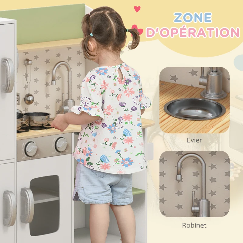 AIYAPLAY Cuisine enfant 3-8 ans jeu d'imitation avec machine à glaçons, évier mobile en acier inoxydable 84 x 34 x 89 cm blanc