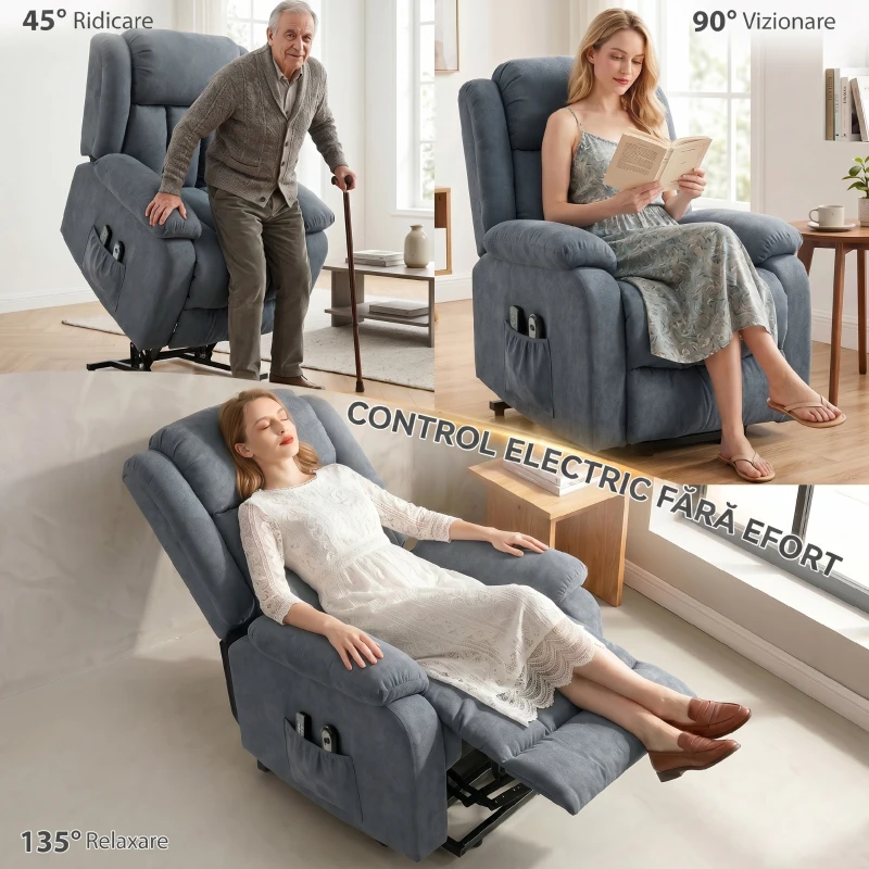HOMCOM Fotoliu Electric cu Ridicare și Reclinare 135° din Țesătură cu Aspect de In, Suport Picioare, Gri
