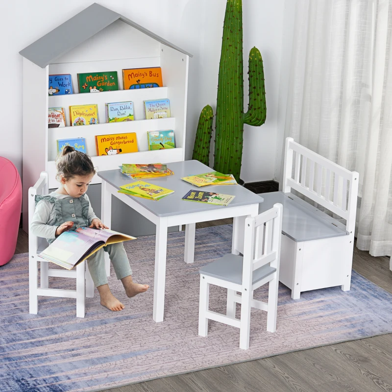 HOMCOM Conjunto Infantil de Mesa 2 Cadeiras e Banco com Armazenamento Móveis Infantil para Sala de Jogos  Branco e Cinza