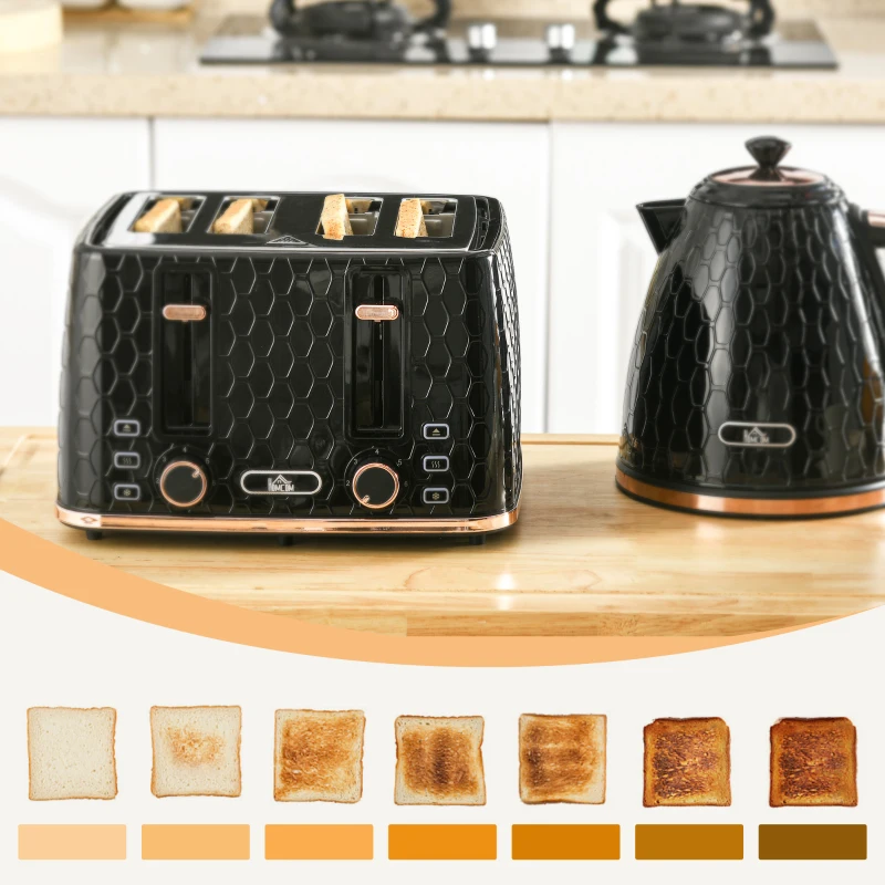 HOMCOM 2-in-1 Keuken set, Toaster en Waterkoker, meerdere opties, 1,7 L, 4 toast tegelijk, Kunststof, Zwart