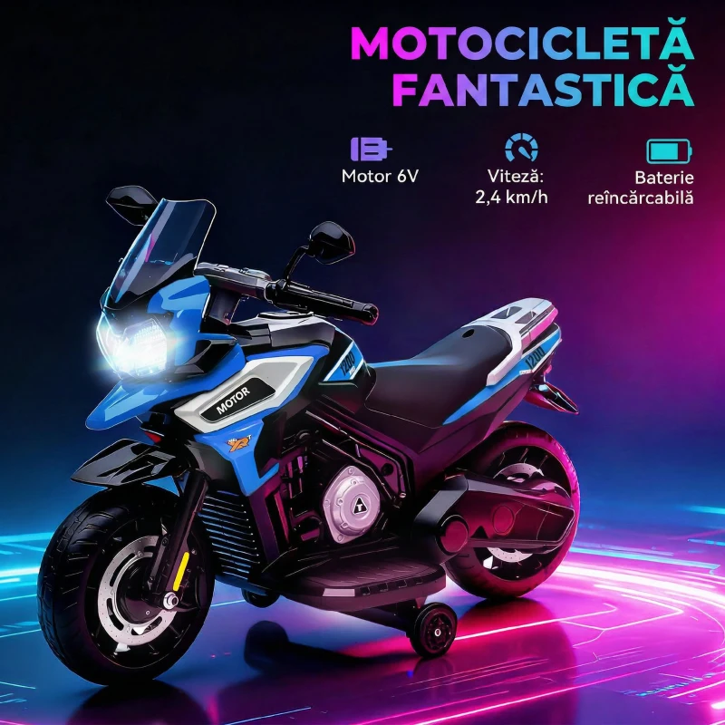 AIYAPLAY Motocicletă Electrică pentru Copii cu Roți Ajutătoare, Oglinzi și Suporturi pentru Picioare, din PP și Metal, 85.5x44.5x56 cm, Albastră