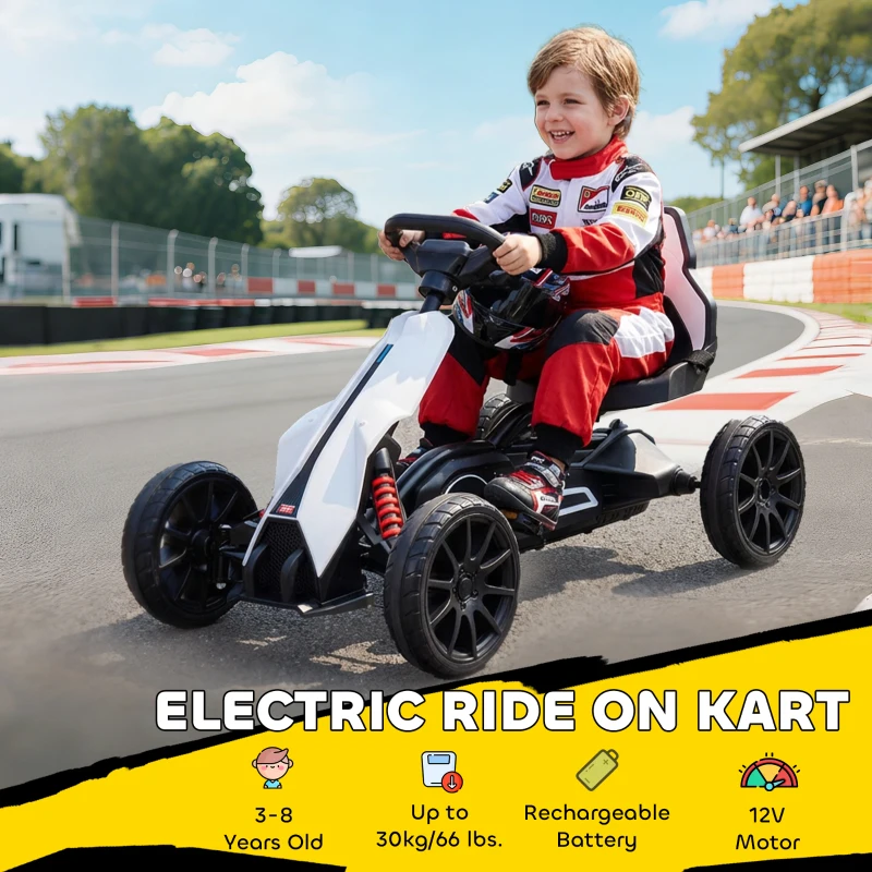 HOMCOM 12V Electric Go-Kart for Kids, Ride-On Racing Go-Kart, with Forward and Reversing Functions, for Ages 3-8 Years - White