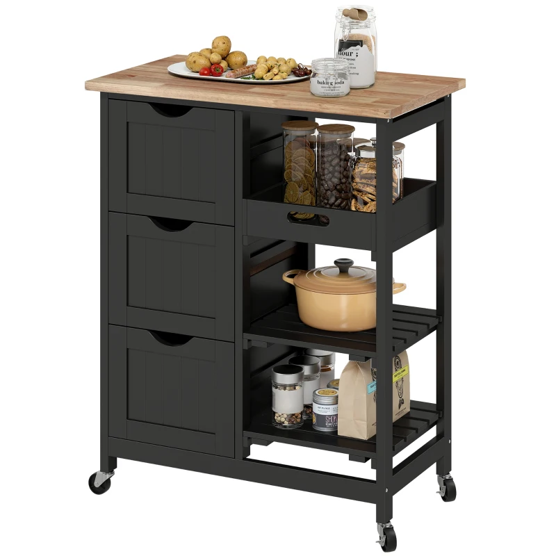 HOMCOM Rolling Kitchen Island Cart, Bar Serving Cart, Compact Trolley on Wheels with Wood Top, Shelves & Drawers for Home Dining Area, Black