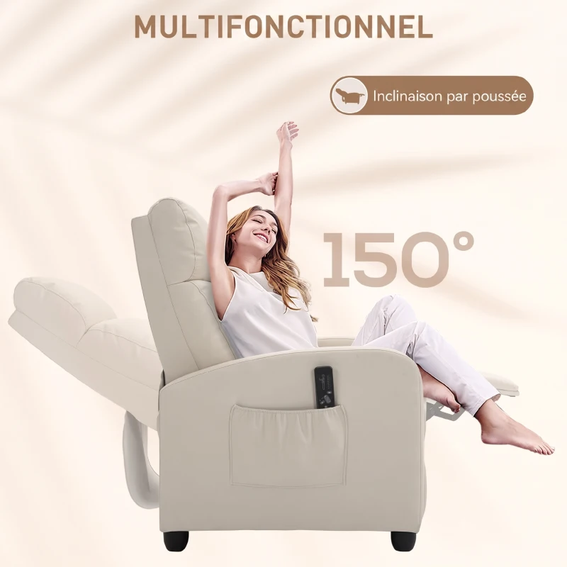 HOMCOM Fauteuil de Relaxation et Massage avec Inclinaison Manuelle Dossier Repose-Pied réglable revêtement synthétique Crème