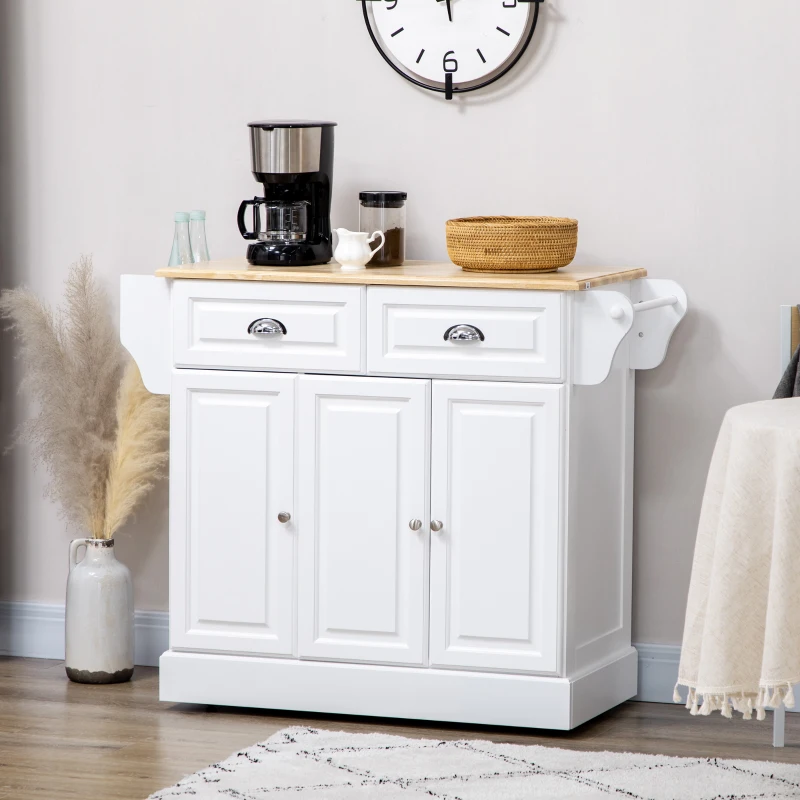 HOMCOM Chariot de cuisine sur roulettes Ilot de cuisine avec 2 tiroirs Porte-épices et porte-torchons 110x45x91 cm Blanc